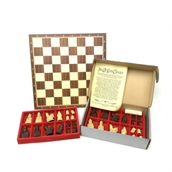 Handcrafted chess set based on the walrus ivory carved pieces found on the Isle of Lewis, Scotland in its original box 