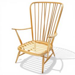 Ercol - Model 478 evergreen light elm and beech armchair, hoop back design curved arms, two crimson checked loose cushions, raised on tapering legs with H-stretcher