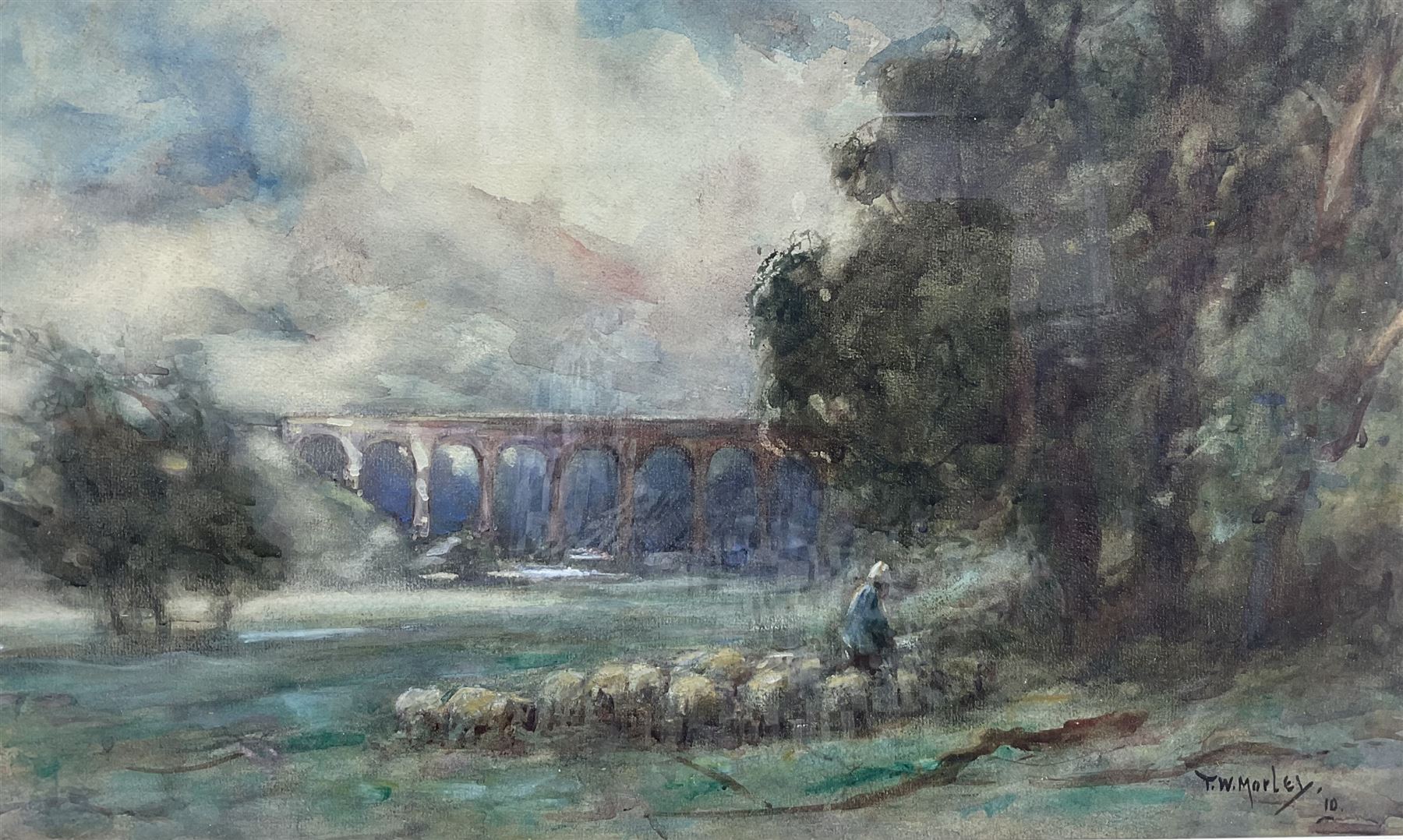 Thomas William Morley (British 1859-1925): Gathering Sheep by the Eynsford Viaduct, watercolour signed and dated '10, 30cm x 50cm 