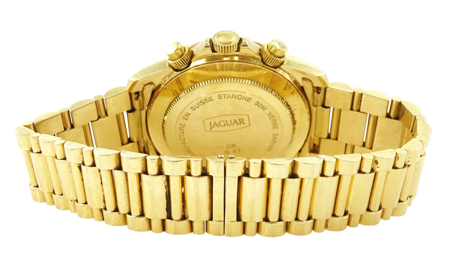 Jaguar gentleman's 18ct gold automatic chronograph wristwatch, white dial with mother of pearl subsidiary seconds dials, day-date aperture and baton hour markers, on 18ct gold bracelet, Swiss hallmarks