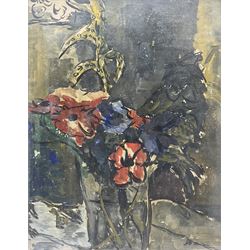 Keith Stuart Baynes (British 1887-1977): 'Red and Blue' Still Life of Flowers in a Vase, oil on board unsigned, labelled verso 45cm x 35cm