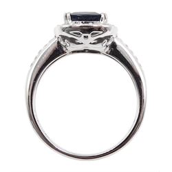 White gold cushion cut sapphire and diamond cluster ring, stamped 18K, sapphire approx 3.60 carat