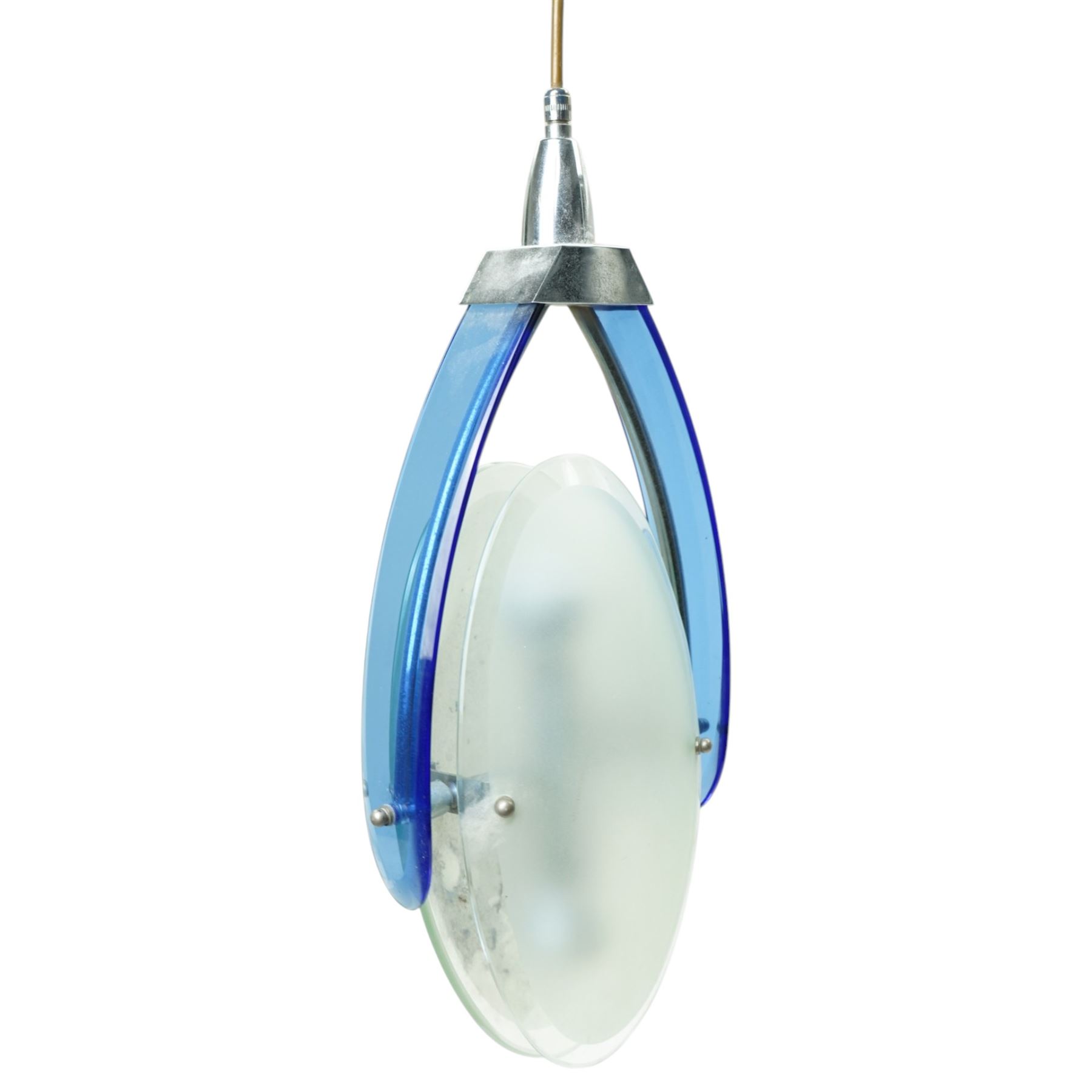 Attrib. Max Ingrand for Fontana Arte - mid-20th century chromium ceiling light with tilting frosted glass double shade within blue glass frame overall height 65cm