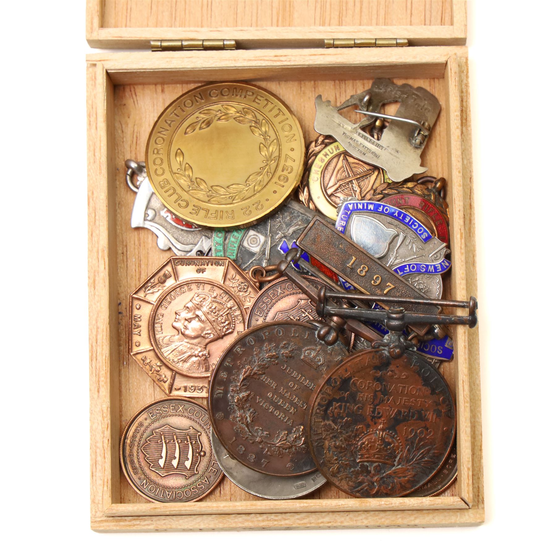Collection of bronze and silver Rifle Club medallions, some with enamel decoration, 1897 Jubilee and 1902 coronation Metropolitan Police bronze medals and a set of six silver teaspoons in B.D.R.C. case