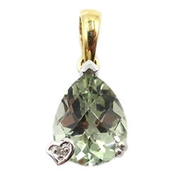  9ct gold light green amethyst and diamond pendant, stamped 375  