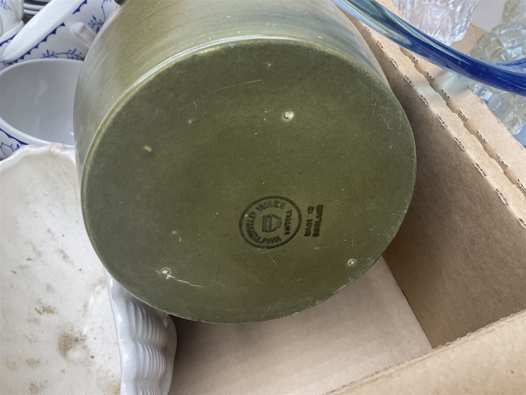 Masons and Furnival Denmark pattern blue and white tea wares, together with a Royal Worcester trinket box, Leedsware bowl and other ceramics and glassware, in four boxes