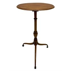 19th century satinwood tripod wine table, moulded oval top inlaid with boxwood and ebony stringing, fine turned vasiform column, three splayed supports with spade feet