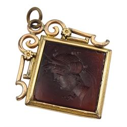Victorian gold mounted carnelian intaglio pendant, gold mounted cameo brooch, stamped 9ct and a later silver smaller cameo, all depicting bust portrait of ladies (3)