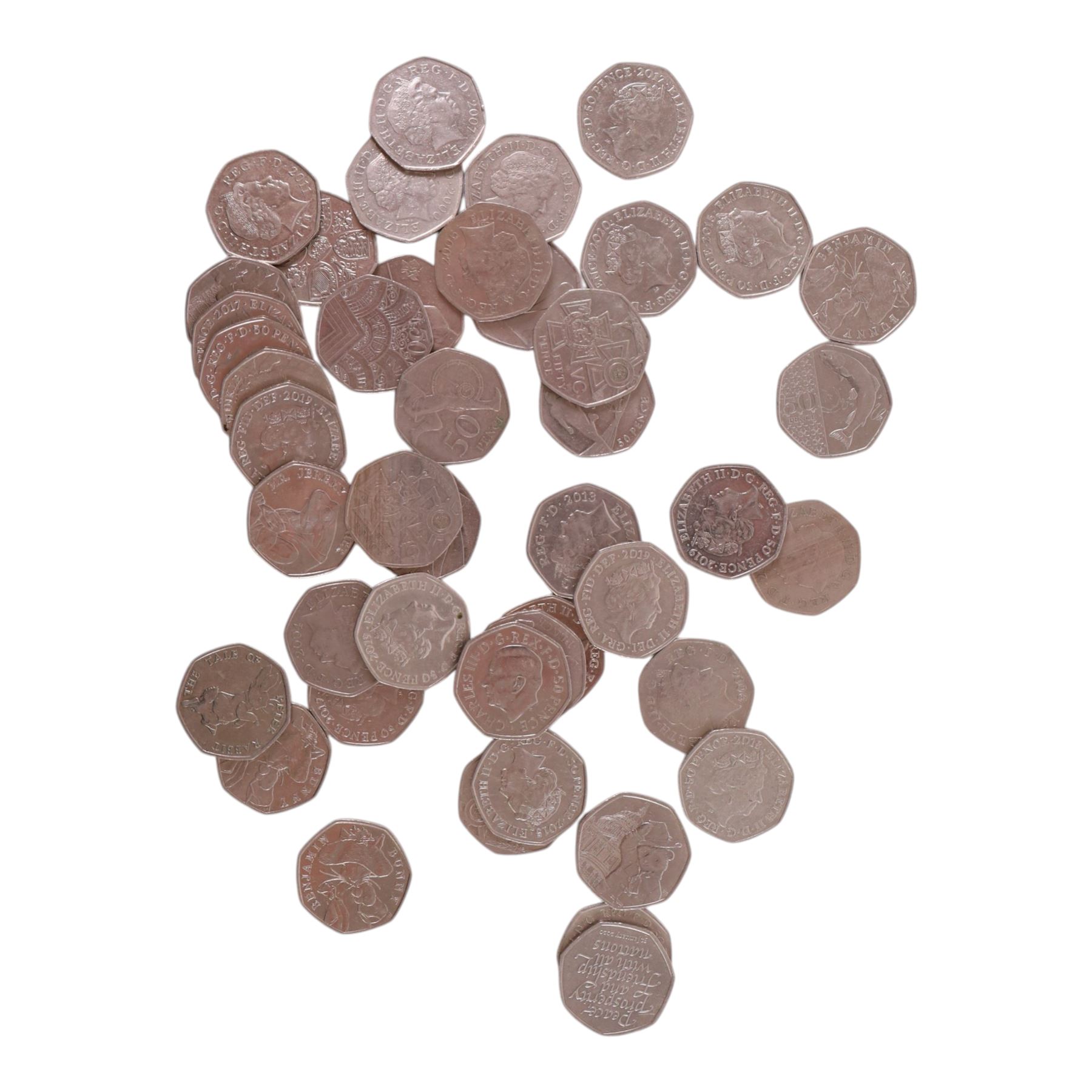 Approximately 45 Queen Elizabeth II commemorative fifty pence coins, including 2023 'Atlantic Salmon' (without privy mark)