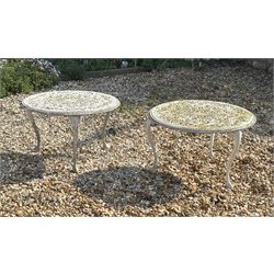 Pair of Victorian style cast aluminium garden tables H36cm, D60cm. 