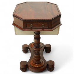 William IV mahogany work table, the octagonal top with ebony line inlay and dentil moulded edge, fitted with four small drawers to the frieze, above a silk-pleated sliding work basket, all raised on a turned column supports and shaped platform base with rounded feet, circa 1835