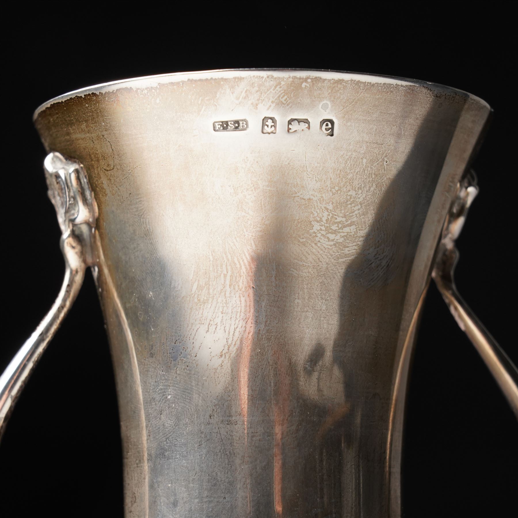 Early 20th century Art Nouveau silver vase of waisted form with trailing handles H15cm Birmingham 1904 Maker  Edward Souter Barnsley retailed by Finnigans