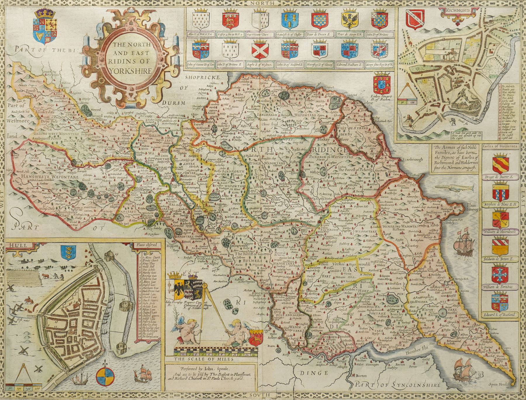 John Speed (British 1552-1629): 'The North and East Ridings of Yorkshire', 17th century engraved map with hand-colouring with inset plans of Richmond and Hull and numerous armorials, English text verso  pub. by Thomas Bassett and Richard Chiswell c.1676, 40cm x 52cm