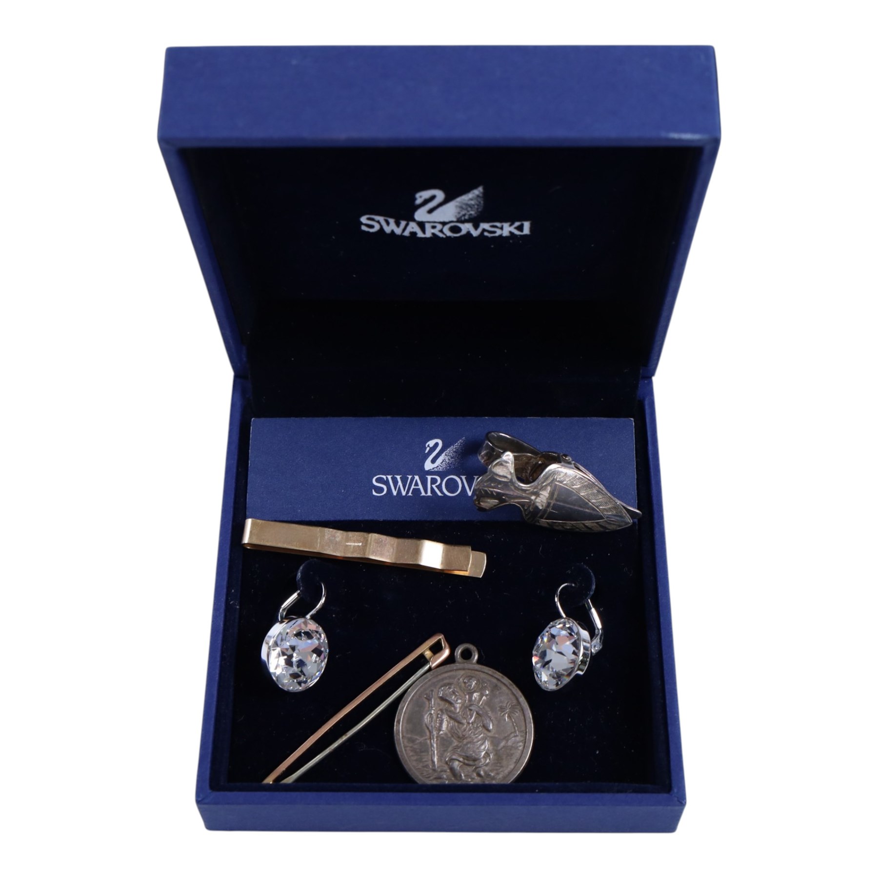 9ct gold tie clip and bar brooch, silver money clip, silver St Christopher, pair of Swarovski Crystal earrings, Rotary pocket watch and a US Polo Association wristwatch
