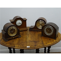  Early 20th century oak mantel clock presented to J S Anderson for being presented with the Military Medal and three other 20th century oak cased mantel clocks, pone with triple train movement, H26cm max (4)  