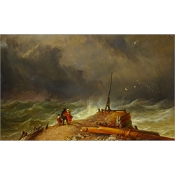 Thomas Sewell Robins (British 1810-1880): Family on the Cliff watching a Ship in Heavy Storm, oil on board signed with initials 31cm x 49cm
