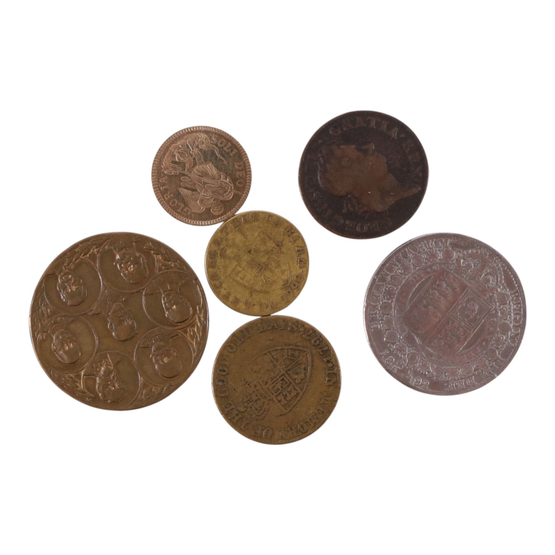 9ct gold replica touch piece, Queen Victoria 1892 silver half crown coin, and four further coins