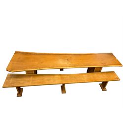 Large oak tree slab dining table, rectangular plank top over twin end supports (W292cm D84cm H78cm); and pair of matching benches, rectangular plank top over three supports with sledge feet (W291cm D41cm H50cm)