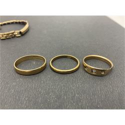 15ct gold ring shank and 9ct gold jewellery including two wedding bands, chain, and watch on gilt strap
