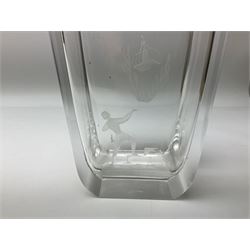 Orrefors art glass vase decorated with engraved Romeo and Juliet balcony scene, designed by Nils Lanberg circa 1950's, no. 3161, with etched marks beneath, H20cm