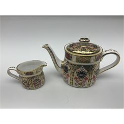 Royal Crown Derby Imari pattern miniature tea set, comprising tray, teapot, milk jug, sucrier, tea cup and saucer