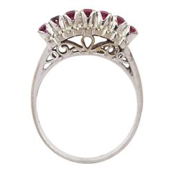 Four row ruby and round brilliant cut diamond ring