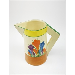 A Clarice Cliff Newport Pottery jug, decorated in the Crocus pattern, H16.5cm, together with a Clarice Cliff Bizarre by Wilkinson Limited octagonal bowl, decorated in the Crocus pattern, D13cm, each with printed marks beneath. 