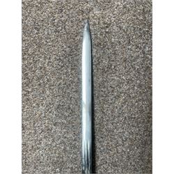 George V basket hilted broad sword with engraved blade, wire wound fish skin grip and field service scabbard, blade length 83cm