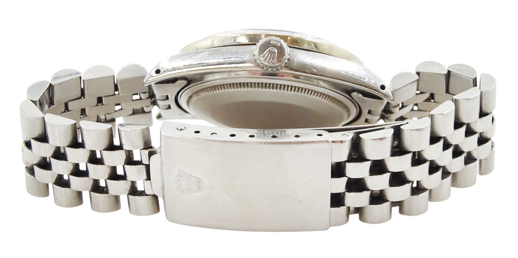 Rolex Oyster Perpetual Datejust gentleman's stainless steel automatic wristwatch, circa 1984, Ref. 16030, serial No. 8124572, after market diamond dot mother of pearl dial and diamond set bezel, on stainless steel Jubilee bracelet, with fold-over clasp