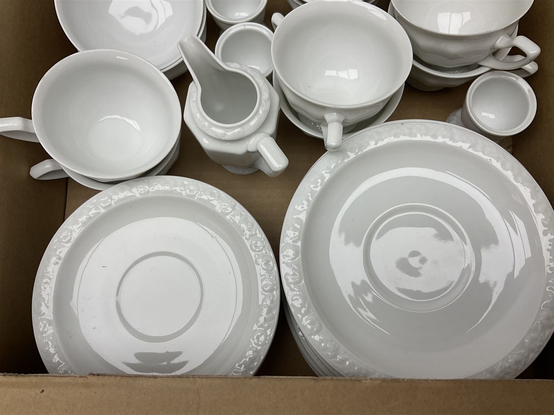 Rosenthal Classical Rose tea and dinner service for eight, including teapot, coffee pot, milk jug, covered sucrier, cups and saucers, dinner plates, serving dishes etc 
