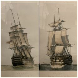 By and after John Ward of Hull (British 1798-1849): 'H M S Britannia of 120 Guns', pair lithographs with hand-colouring signed and titled in pencil 38cm x 25cm (2)