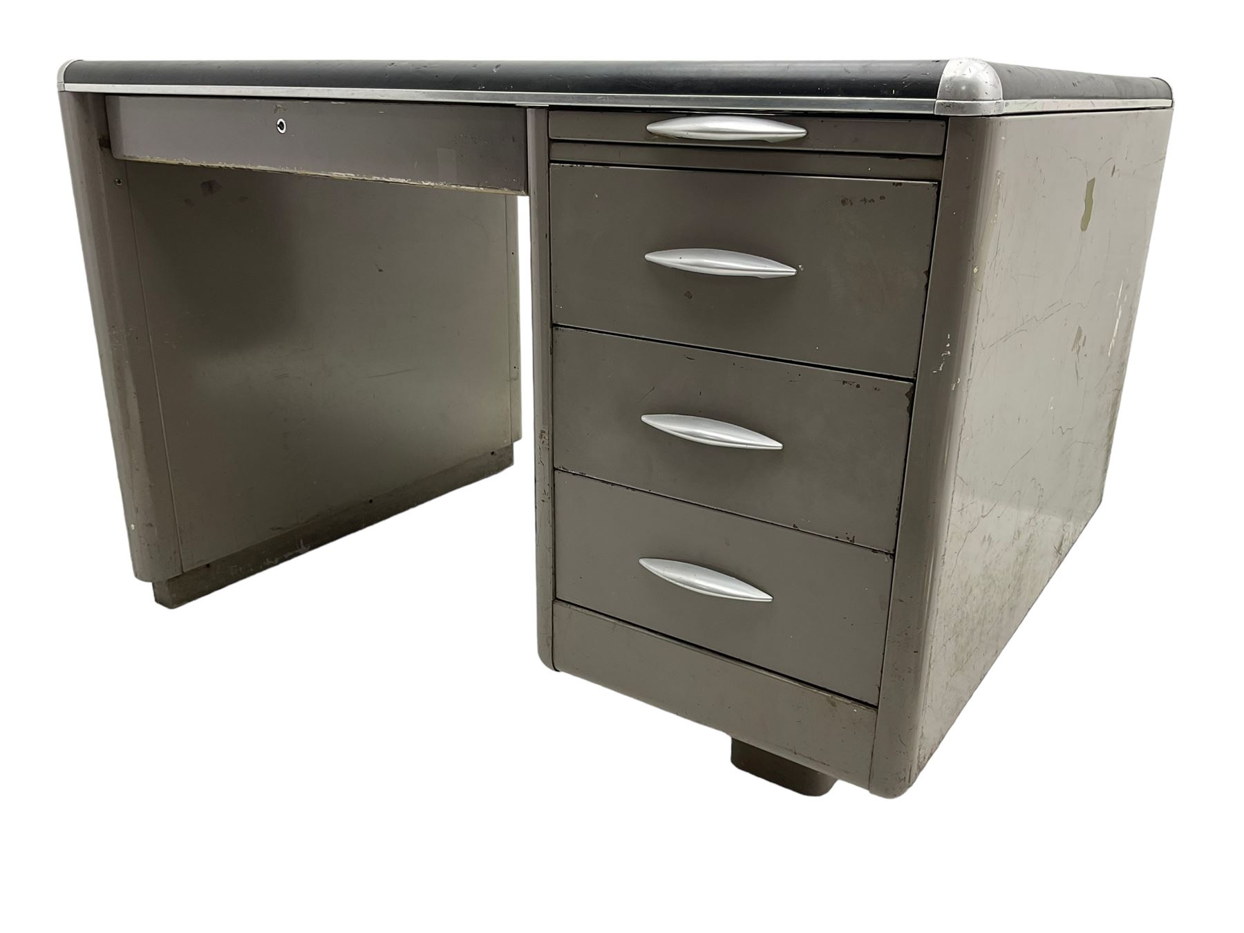Sankey Sheldon - mid-20th century industrial metal desk, rectangular top over single pedestal fitted with three drawers and slide