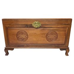 Hong Kong camphor wood blanket chest, panelled hinged lid over panelled front and sides, decorated with Shou motifs, on ogee bracket feet
