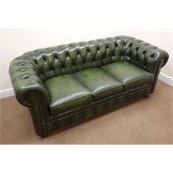  Three seat Chesterfield sofa, upholstered in deep buttoned green leather, W190cm  