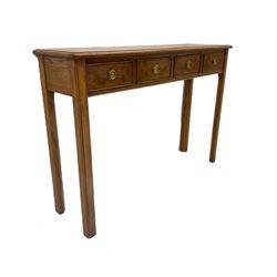 Contemporary figured walnut side table, moulded rectangular banded top over four drawers, square supports with outer mould and inner chamfer 