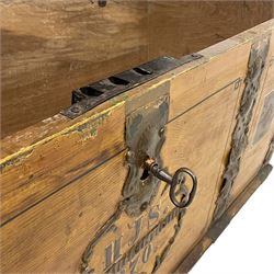 19th century painted oak sea chest, hinged dome top enclosing small compartment, bound by shaped and pressed metal strapwork, scumbled finish to resemble oak and painted with small vignettes depicting portraits and landscapes within panels, fitted with large wrought metal carrying handles, the front inscribed 'H.J.S. 1870' 
