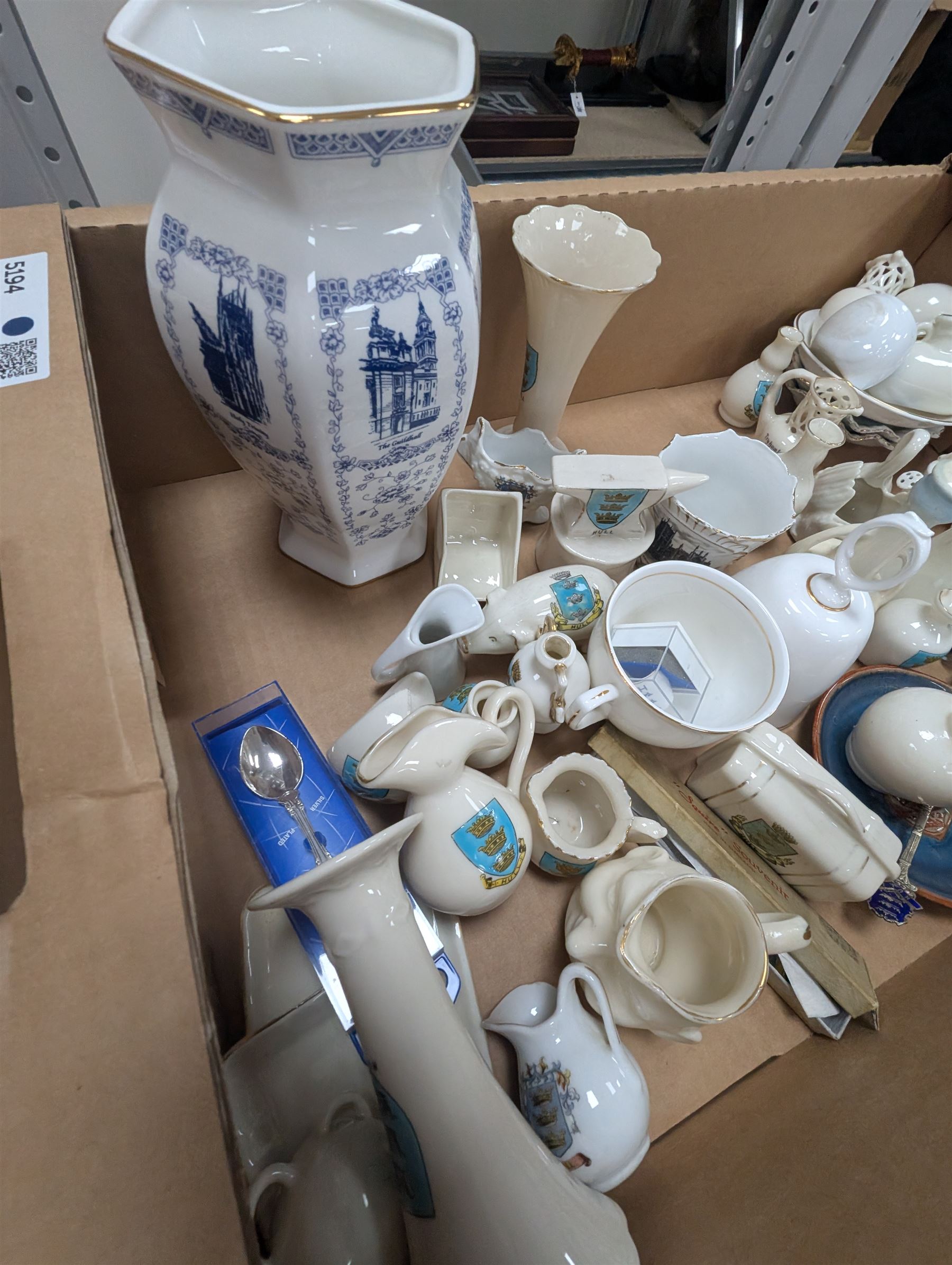 Large collection of Hull crested ware, including animals, figures, piano, vases, etc, by Carlton Ware, Waterfall Heraldic China, W.H Goss, etc and a silver spoon with Hull crest