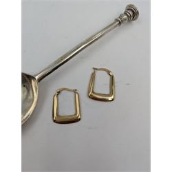 Pair of 9ct gold rectangular hoop earrings, stamped 375, together with a silver seal top spoon, hallmarked