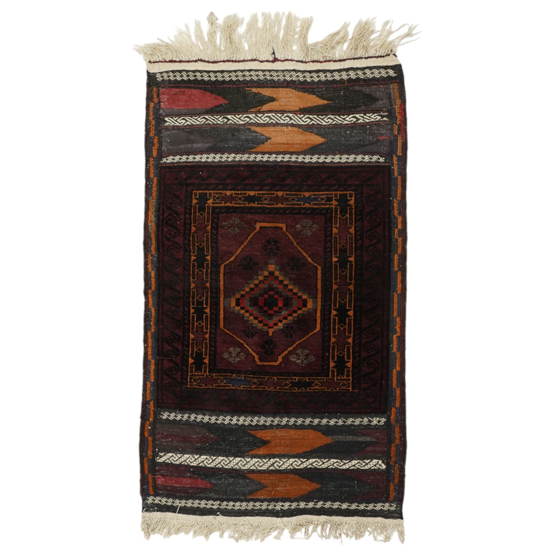 Group of four late 20th century wool kilim rugs, comprising a narrow tribal runner with stylised tree motifs and hooked guard bands (H 180cm, W 56cm), a lozenge medallion rug with decorative striped ends (H 125cm, W 75cm), a red and blue kilim with trefoil repeat field and multicoloured border bands (H 187cm, W 98cm), and a wide horizontal striped example with alternating lozenge and linear motif rows (H 260cm, W 173cm)