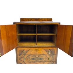 Early 20th century figured walnut tall boy chest (W91cm, H137cm, D50cm); and matching bedside cabinet (W54cm, H86cm, D40cm)