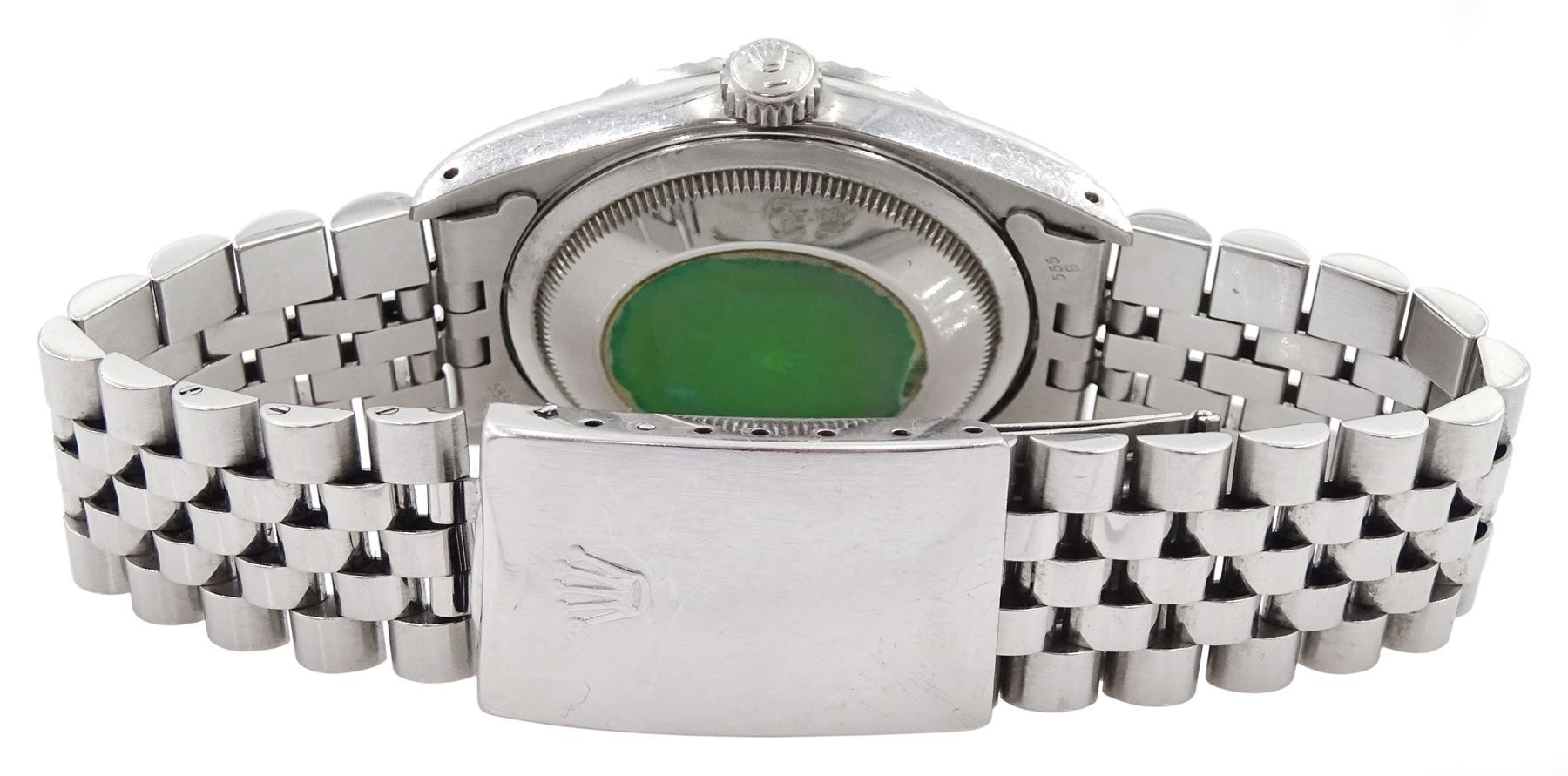 Rolex Oyster Perpetual Datejust gentleman's stainless steel automatic wristwatch, circa 1990, Ref. 16220, serial No. E271806, cream dial with Roman numeral hour markers, on Jubilee stainless steel bracelet with fold-over clasp, boxed with papers