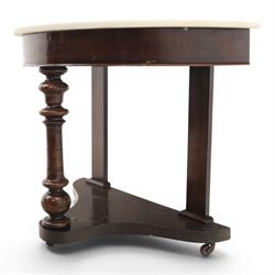 Victorian mahogany marble topped demi lune console table, raised on a turned front support, with shaped undertier, raised on castors