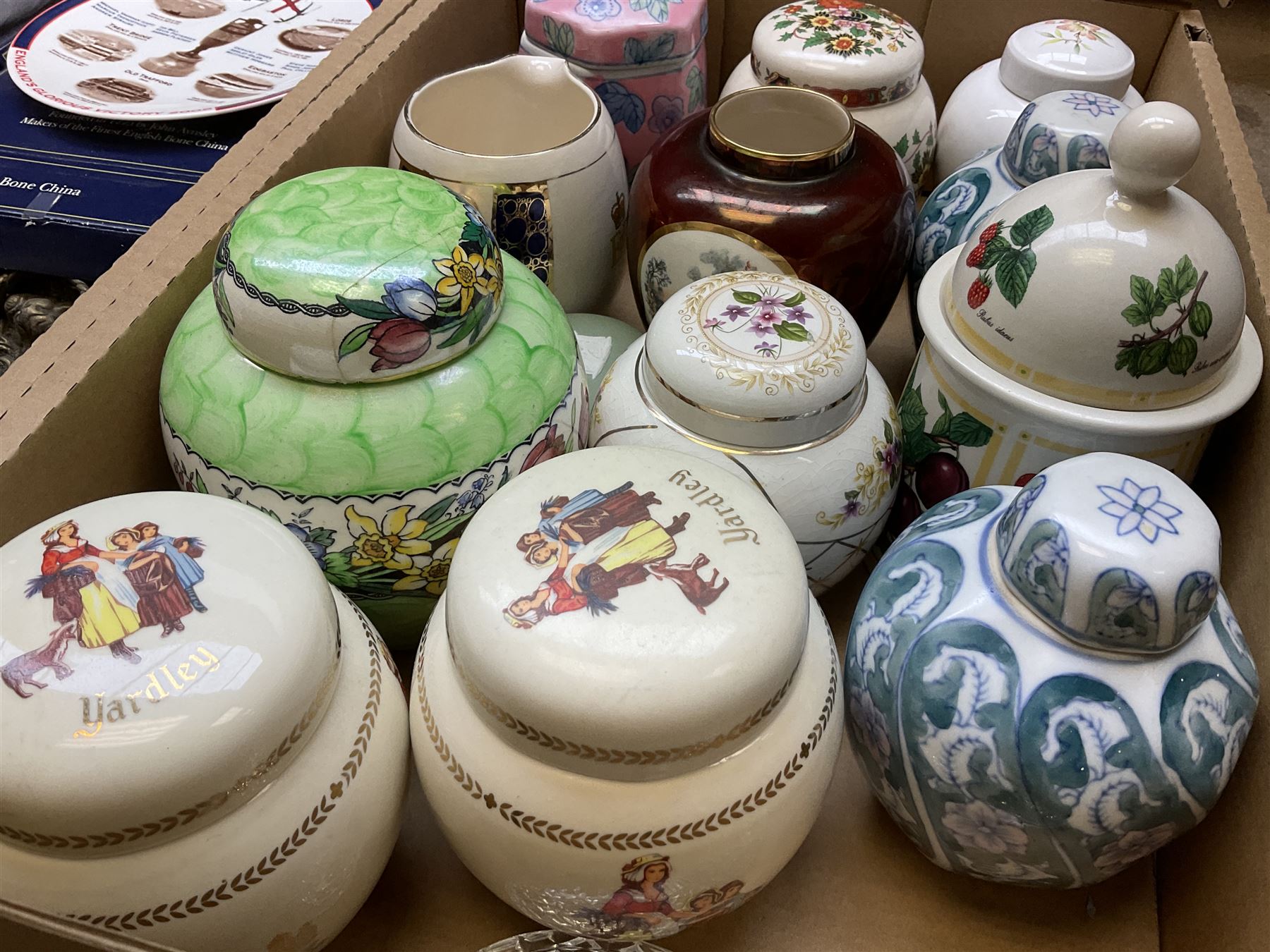 Wedgwood green jasperware trinket box, together with boxed Aynsley 'the Ashes England's  Glorious Victory 2005' plate, commemorative wares, ginger jars and other ceramics, in two boxes 