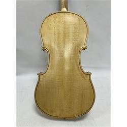 Copy of a full size Stradivarius violin with an ebonised fingerboard and tailpiece, hardwood tuning pegs and chin rest length 60cm