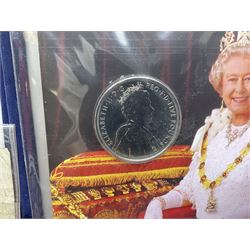 Mostly commemorative coins, including crowns, Queen Elizabeth II 2009 countdown to London 2012 five pound coin on card, 'The 2012 Diamond Jubilee' coin set in card folder, Cook Islands 2013 one dollar commemorating 'Coronation sixty years 1953 2013' etc