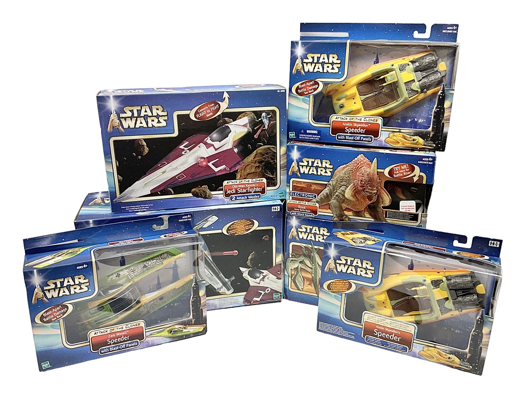 Star wars - Attack of the Clones - Jango Fett Slave 1; Obi-Wan Kenobi's Jedi Starfighter; Reek Arena Battle Beast; Acklay Arena Battle Beast; two x Anakin Skywalker Speeder; and Zam Wesell Speeder; all in sealed boxes (7)