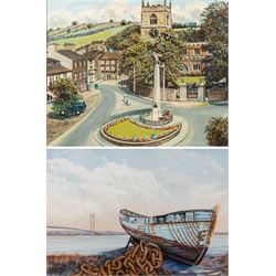 E Mace (British 20th century): Skipton Town Square, oil on board signed and dated 1974, 39.5cm x 49.5cm; Vivien R* (British 20th century): The Humber Estuary, gouache indistinctly signed and dated '93, 24cm x 34.5cm (2)