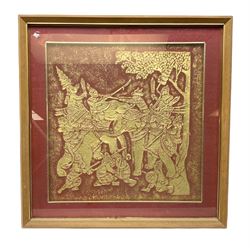 Red and gold textured picture of an Indian procession with elephants 49cm x 47cm