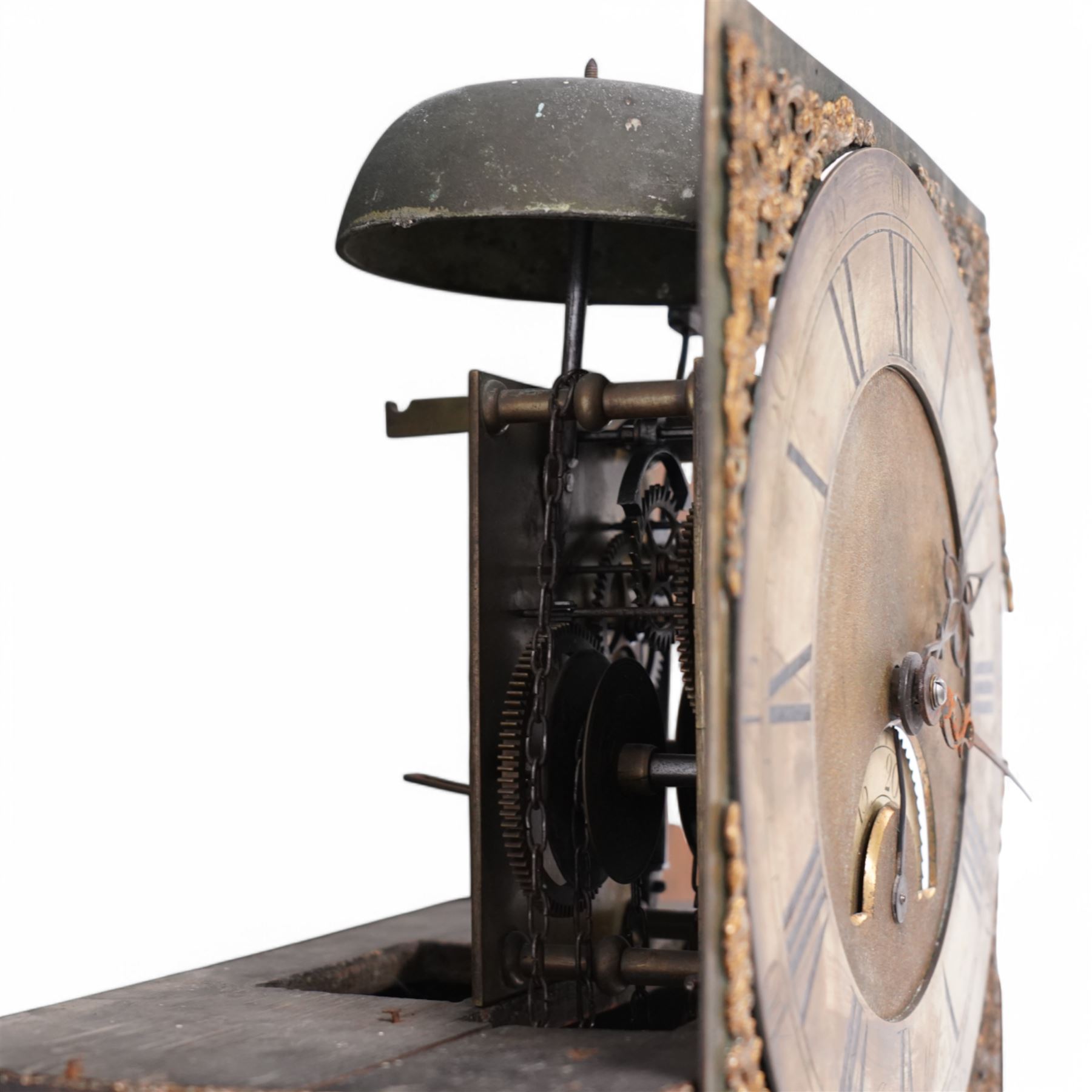 Joseph Millie of North Shields- oak cased 30hr longcase clock c1760, with a flat topped hood and deep frieze beneath, square hood door with side splats, long trunk with a conforming flat topped door with a square plinth raised on ball feet, brass dial with Rococo spandrels, matted dial centre and date aperture, chapter with Roman numerals, five minute Arabic's, minute track and matching steel hands, with a chain driven countwheel striking movement sounding the hours on a bell. With pendulum and weight.
