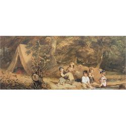 English School (19th century): Children Playing by the River, watercolour unsigned 21cm x 48cm
